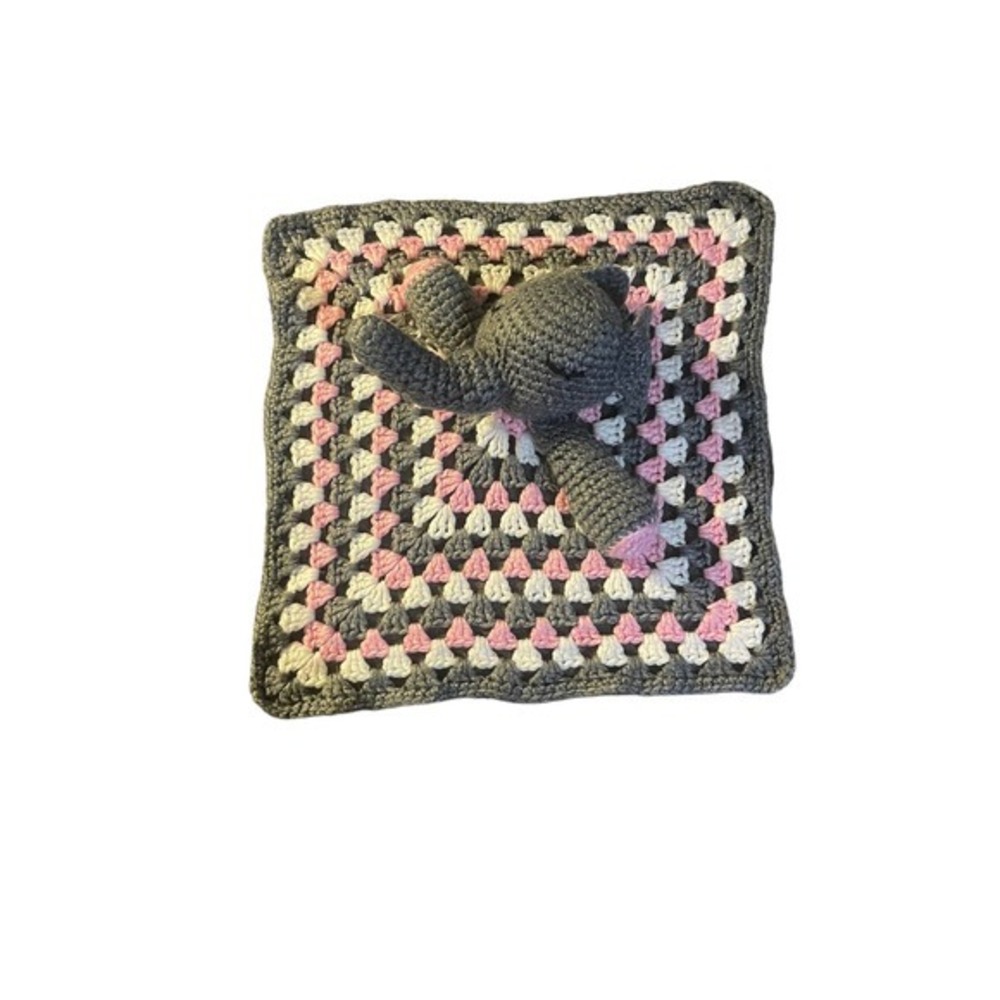 Adorable Handmade Crochet Baby Elephant Toy Security Blanket Gray Pink & White